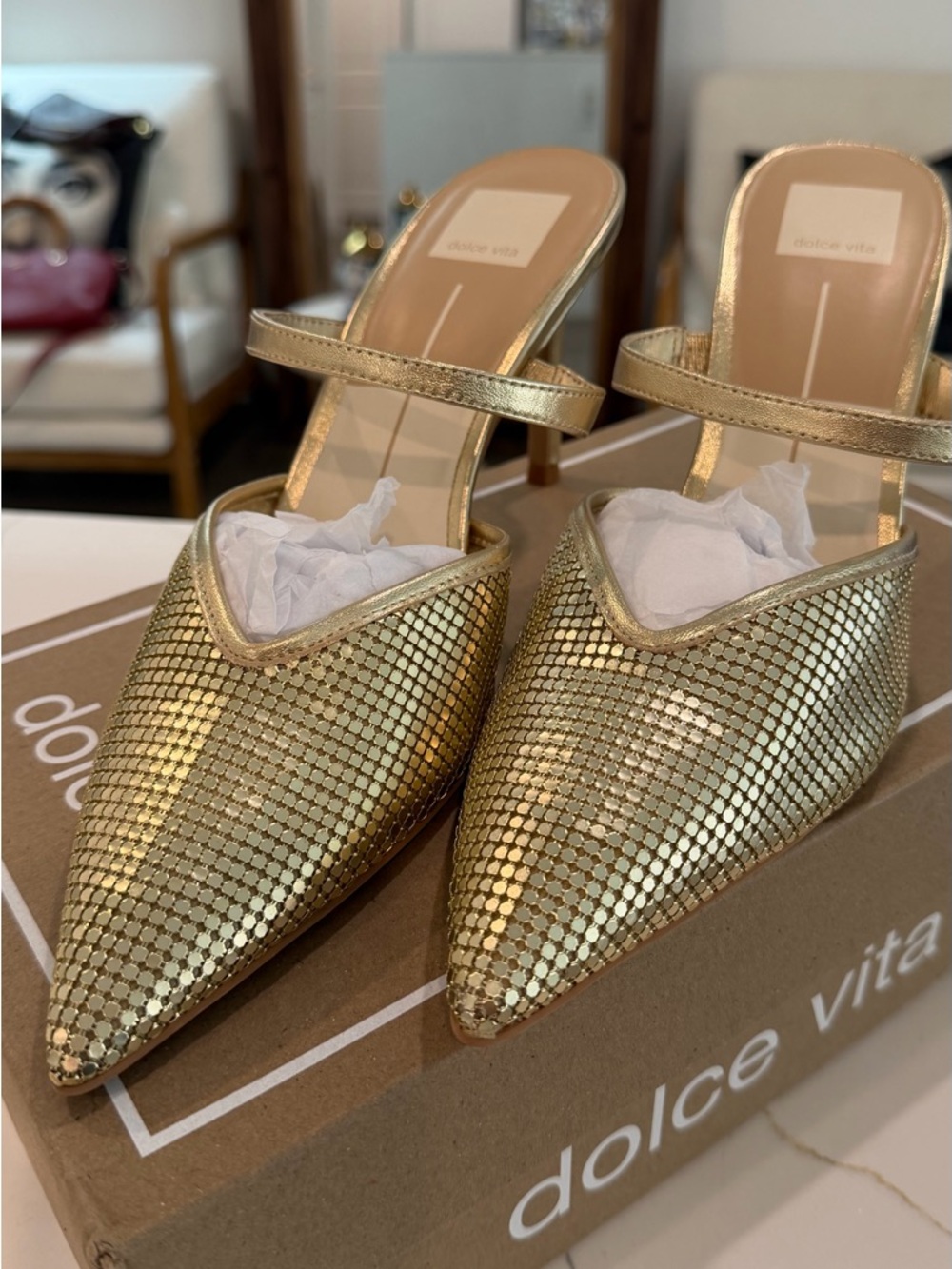 Dolce Vita Metallic Gold Pointed Mules with Ankle Strap